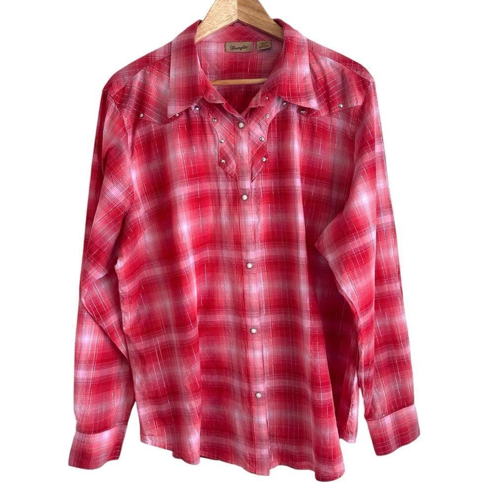 Wrangler Red Silver Studded Metallic Thread Pearl Button Plaid Western Shirt
